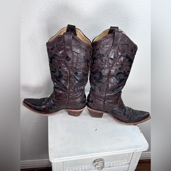 Corral chocolate black vintage goat overlay pointed toe cowgirl boots size 8M - Picture 2 of 8